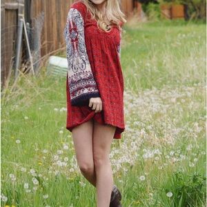 Anthropologie Red and Navy Patterned Dress